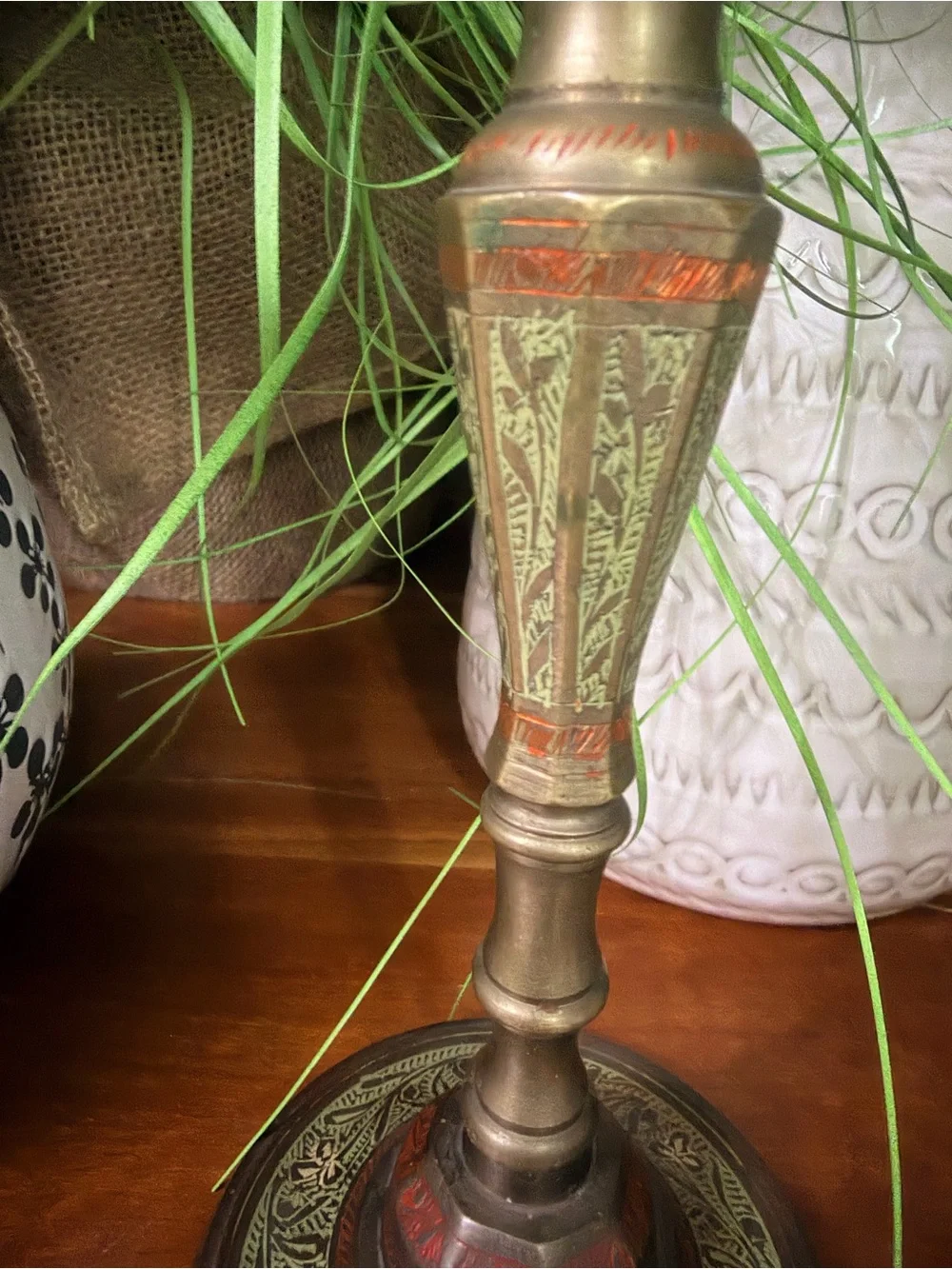 Vintage 1982 Stamped Indian Brass & Enamel Candlesticks – Matching Pair